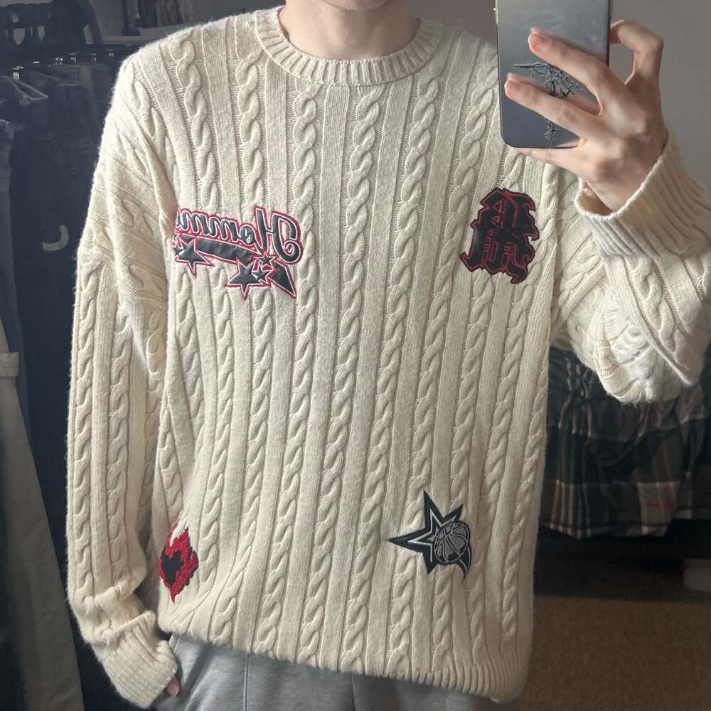 boohooMAN Homme Varsity Patch Cable Knit Sweater